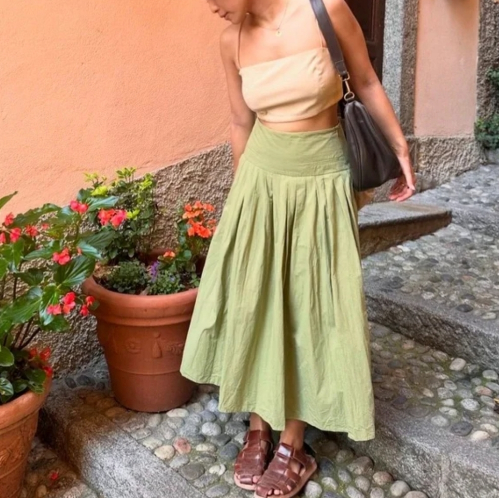 Zara Green Yoke Detail Pleated Skirt ZW Collection Size Large - Picture 3 of 16